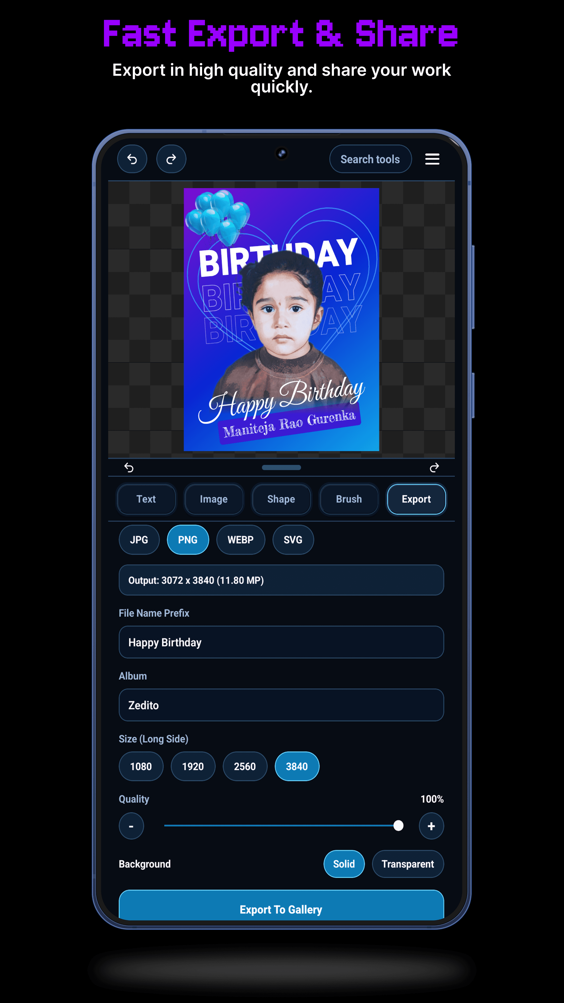Zedito fast export and share screenshot